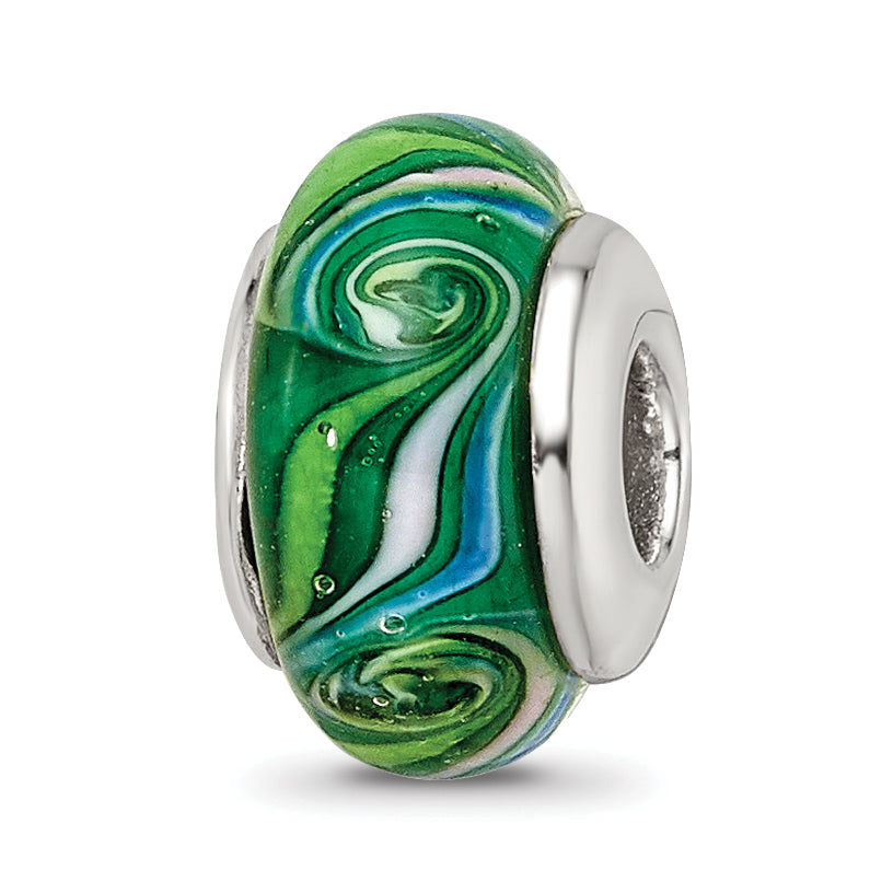 Sterling Silver Reflections Kids Green Hand-blown Glass Bead