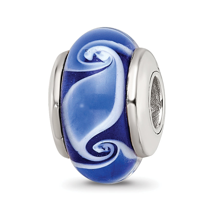 Kids Collection Sterling Silver Hand-blown Blue Glass Wave Pattern Reflections Bead Main image