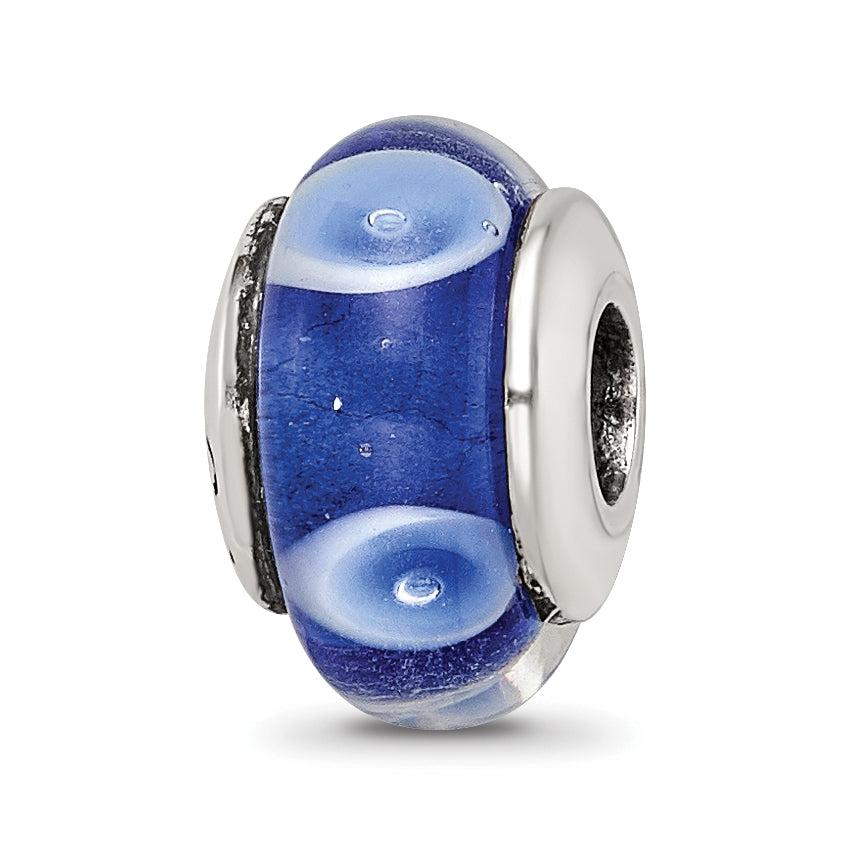 Kids Collection Sterling Silver Hand-blown Blue with White Dots Pattern Glass Reflections Bead