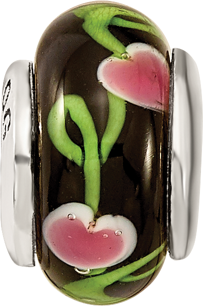 Kids Collection Sterling Silver Hand-blown Black with Floral Pattern Glass Reflections Bead
