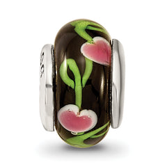 Kids Collection Sterling Silver Hand-blown Black with Floral Pattern Glass Reflections Bead