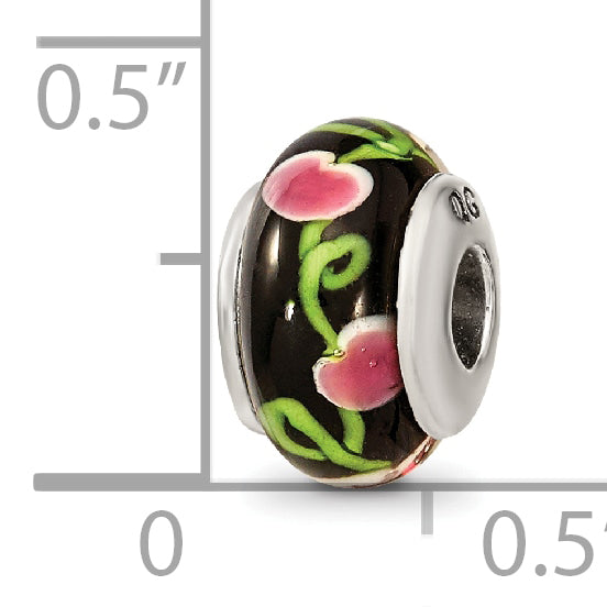 Kids Collection Sterling Silver Hand-blown Black with Floral Pattern Glass Reflections Bead