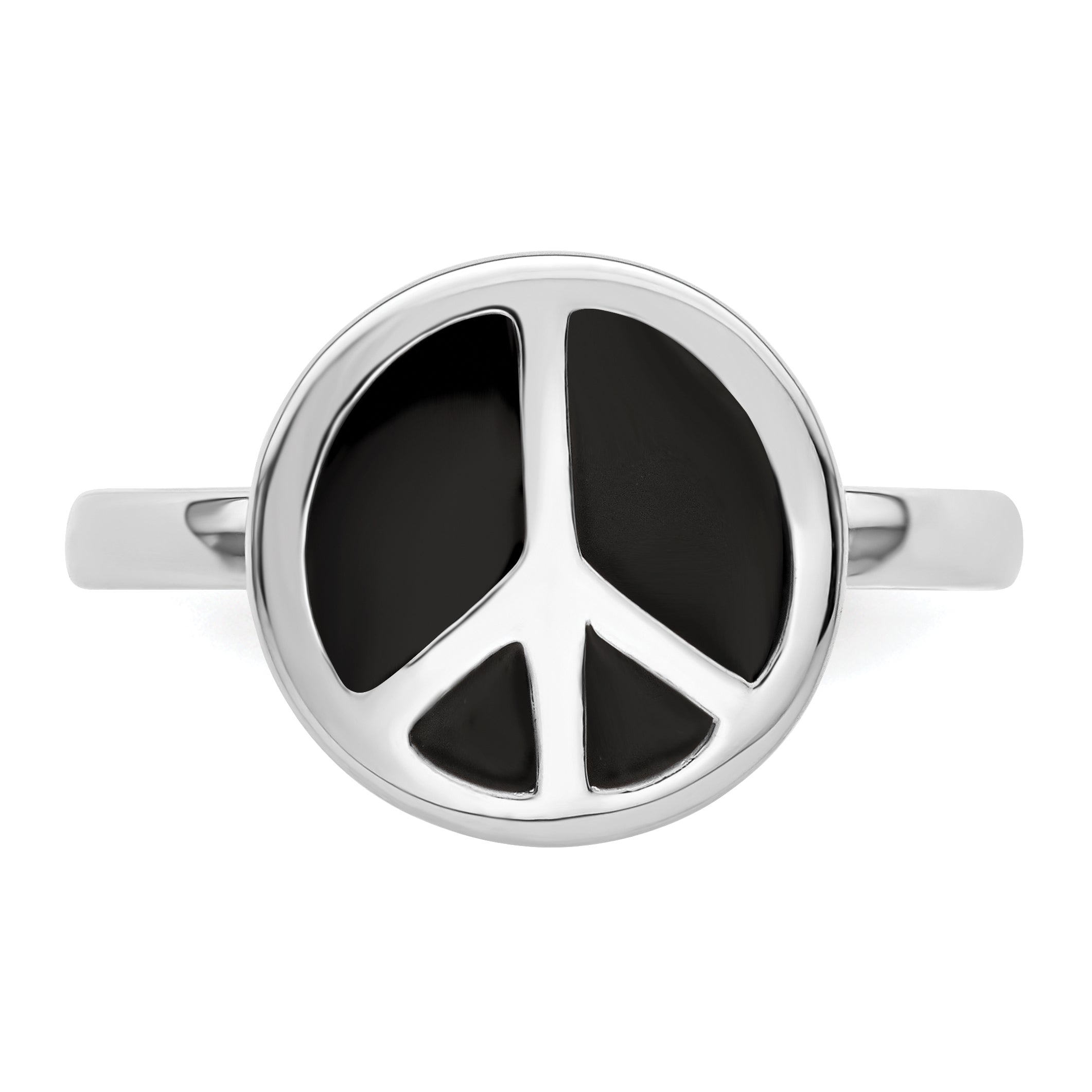 SS Stackable Expressions Polished Black Enameled Peace Sign Ring