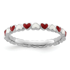 Sterling Silver Stackable Expressions Red & White Enamel Heart Ring