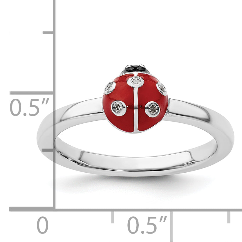 Sterling Silver Stackable Expressions Red /Blk Enamel Ladybug WithDiamond Rin