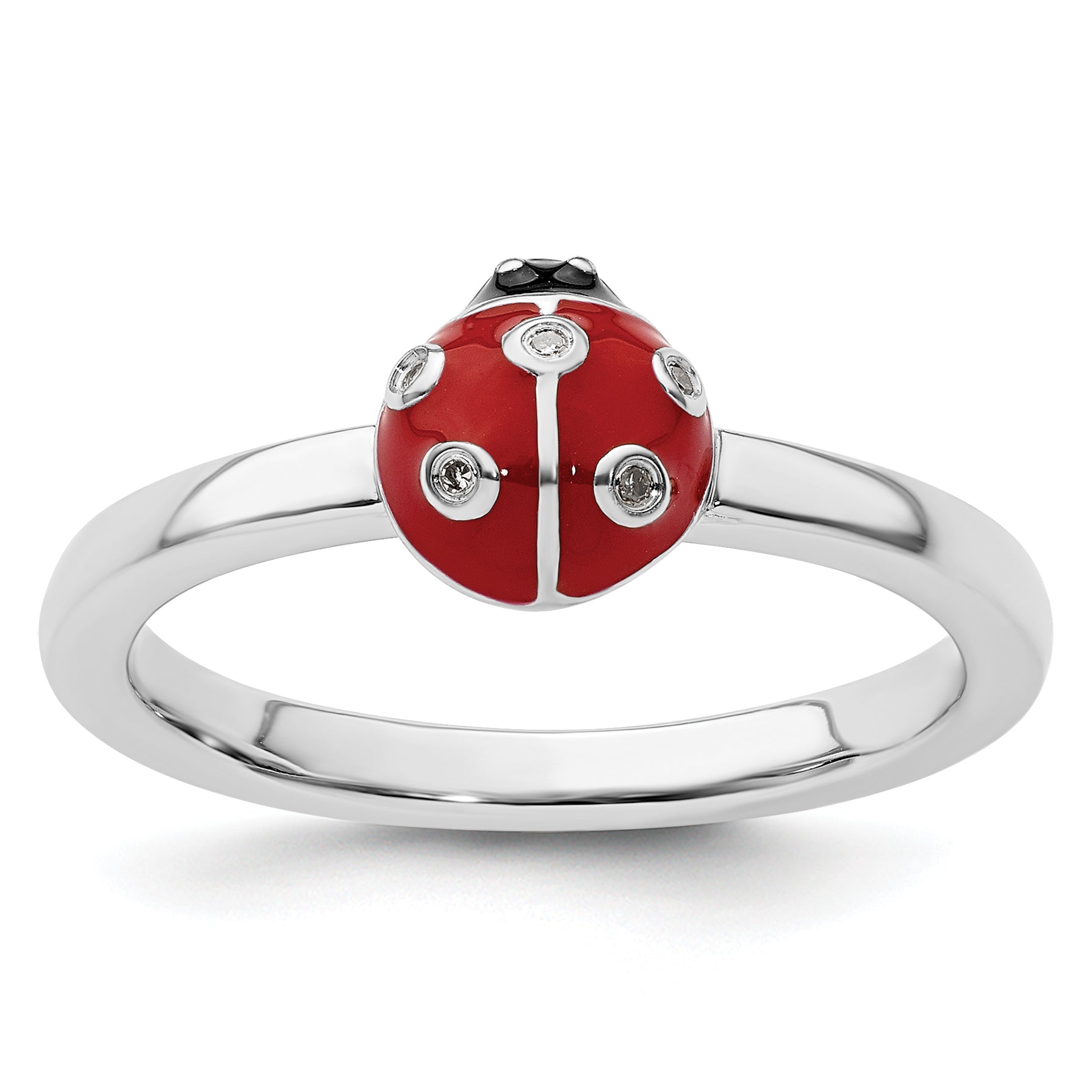 Sterling Silver Stackable Expressions Red /Blk Enamel Ladybug WithDiamond Rin