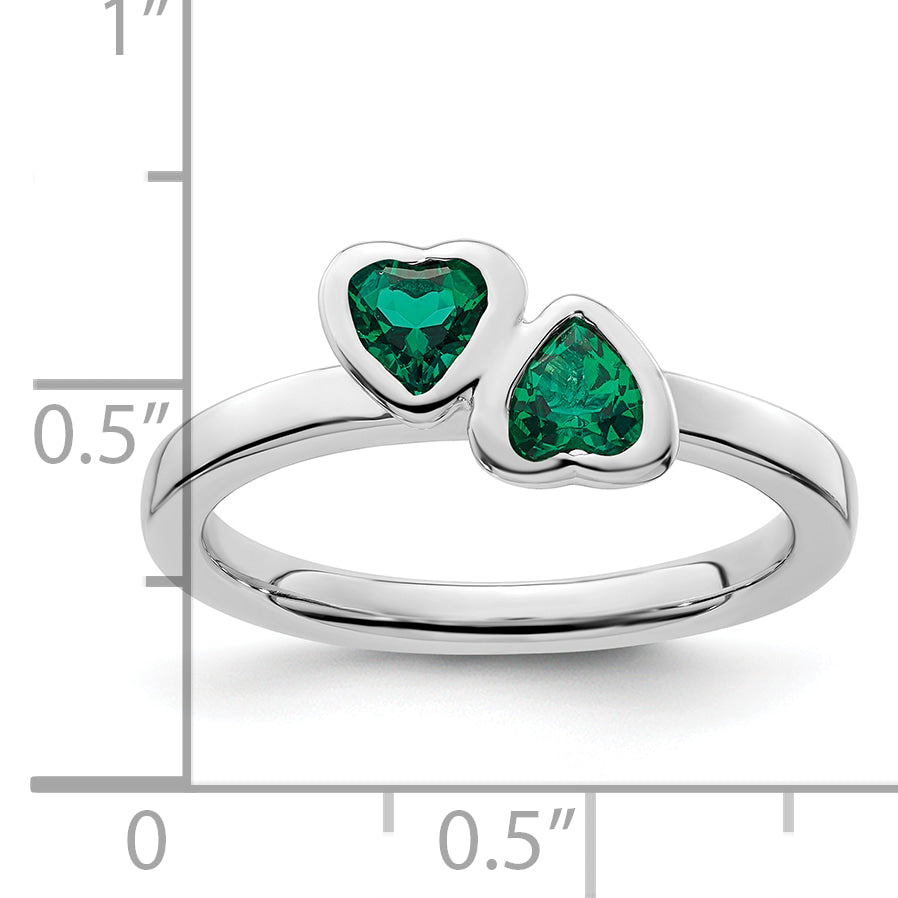 Sterling Silver Stackable Expressions Cr. Emerald Double Heart Ring - 5