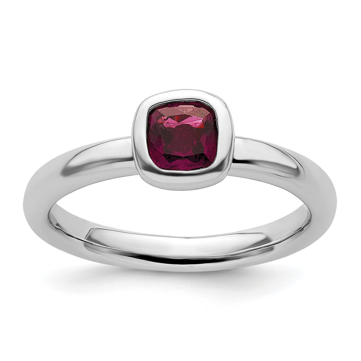 Sterling Silver Stackable Expressions Cushion Cut Rhod. Garnet Ring