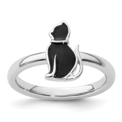 Sterling Silver Stackable Expressions Black Enameled Cat Ring