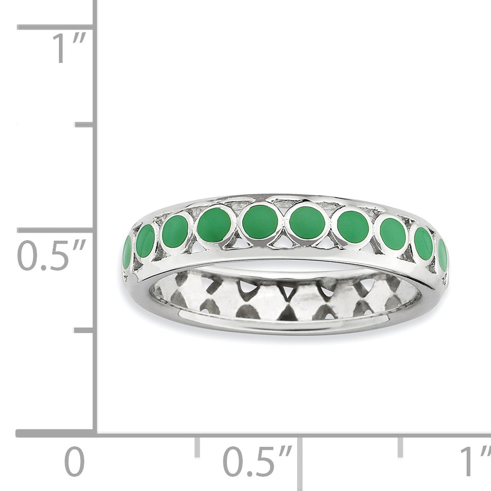 Sterling Silver Stackable Expressions Polished Green Circles Enameled Ring