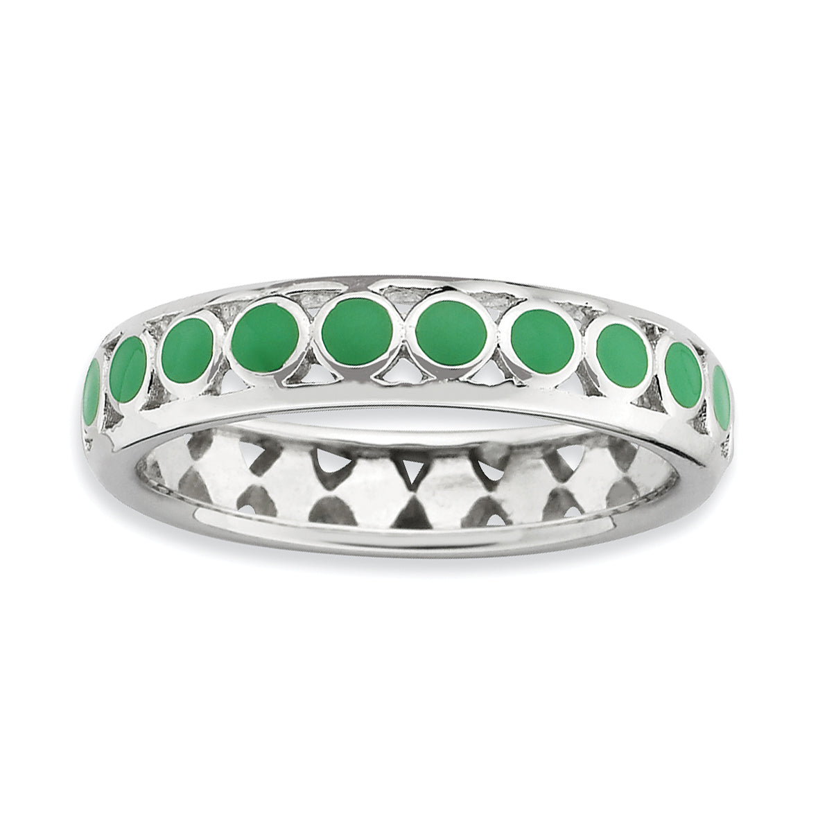 Sterling Silver Stackable Expressions Polished Green Circles Enameled Ring