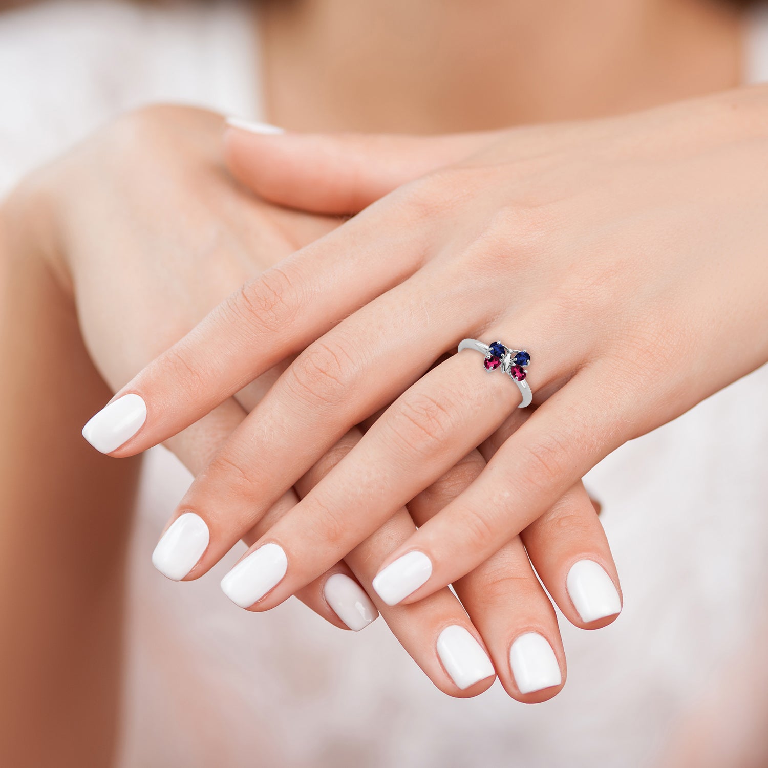 Sterling Silver Stackable Expressions Cr Ruby & Cr Sapphire Butterfly Ring