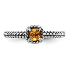 Sterling Silver Stackable Expressions Checker-cut Citrine Antiqued Ring - 5