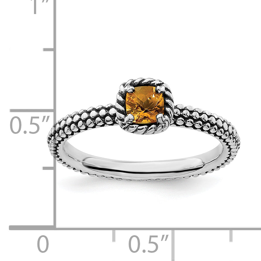 Sterling Silver Stackable Expressions Checker-cut Citrine Antiqued Ring - 5