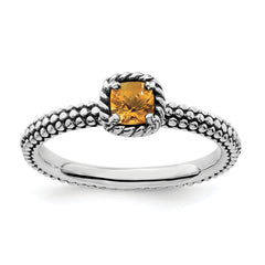 Sterling Silver Stackable Expressions Checker-cut Citrine Antiqued Ring - 5