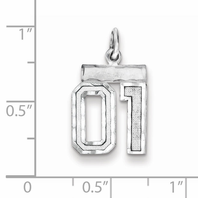 Sterling Silver Rhodium-plated Small Diamond-cut #01 Charm
