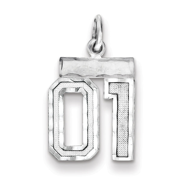 Sterling Silver Rhodium-plated Small Diamond-cut #01 Charm