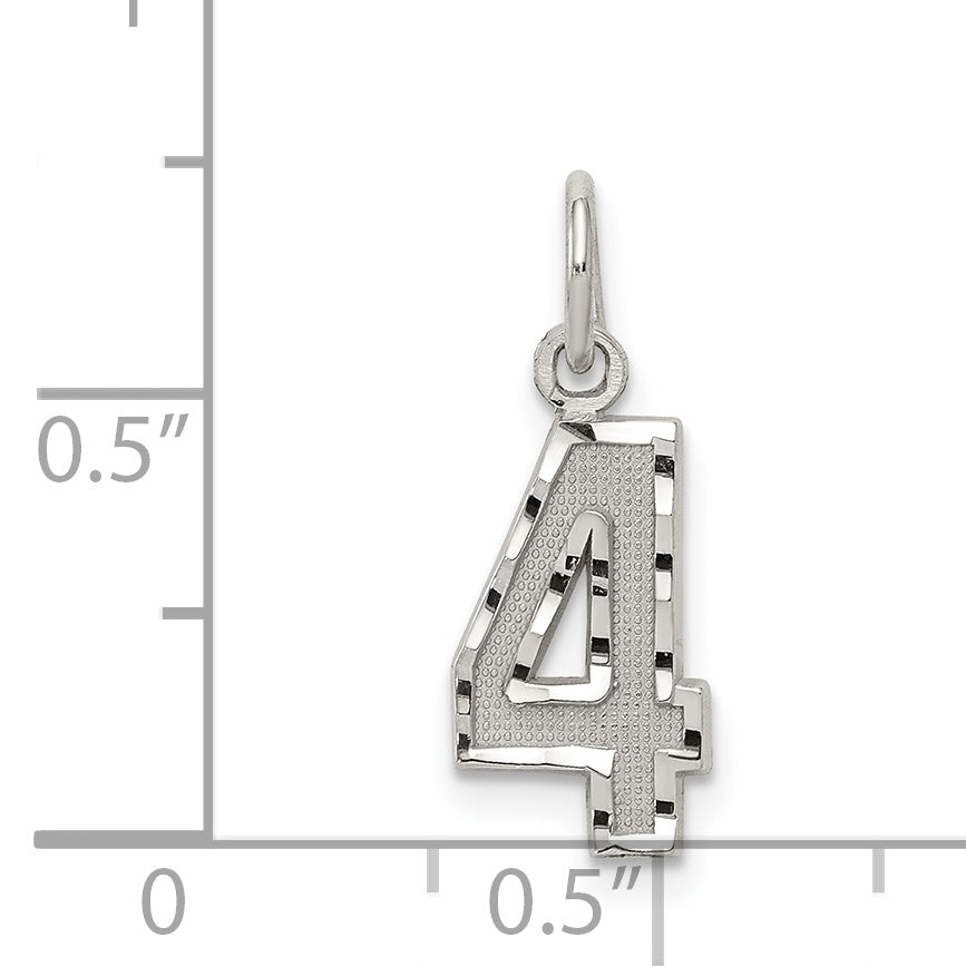 Sterling Silver Rhodium-plated Diamond-cut #4 Charm