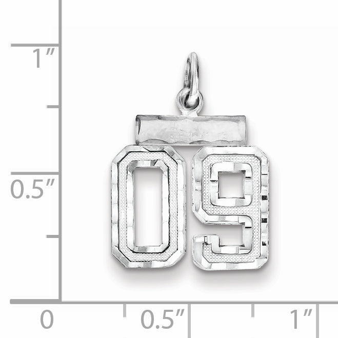 Sterling Silver Rhodium-plated Small Diamond-cut #09 Charm