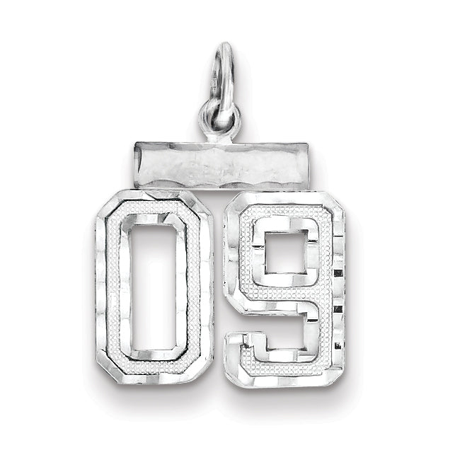 Sterling Silver Rhodium-plated Small Diamond-cut #09 Charm