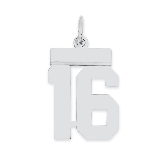 Sterling Silver/Rhodium-plated Polished Number 16 Charm