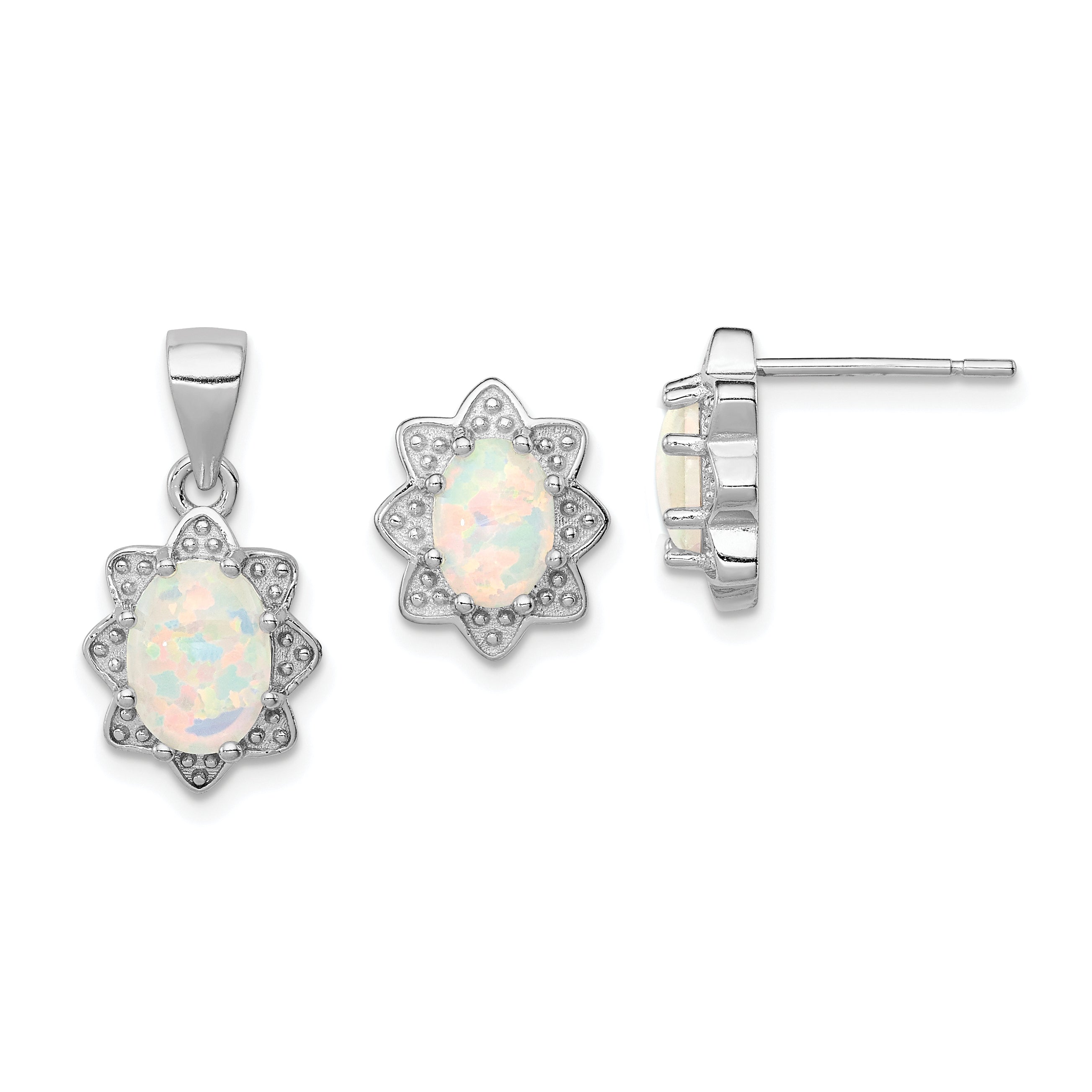 Sterling Silver Rhodium-plated Created Opal Pendant and Earring Set Main image