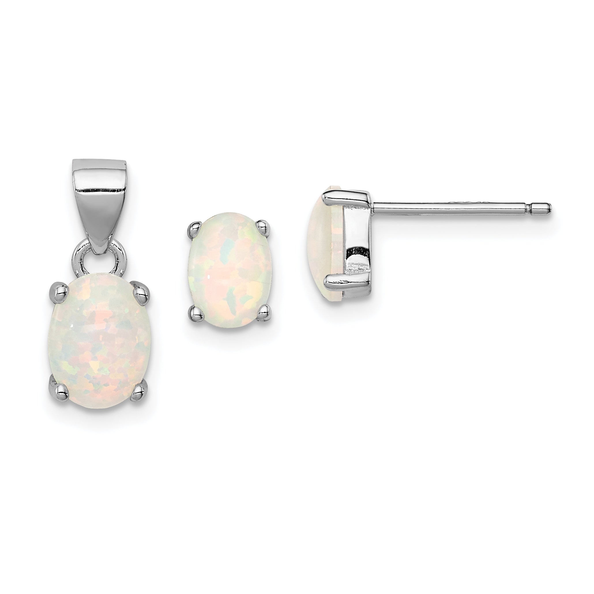 Sterling Silver Rhod-plate Oval Created Opal Pendant/Earrings Set Main image