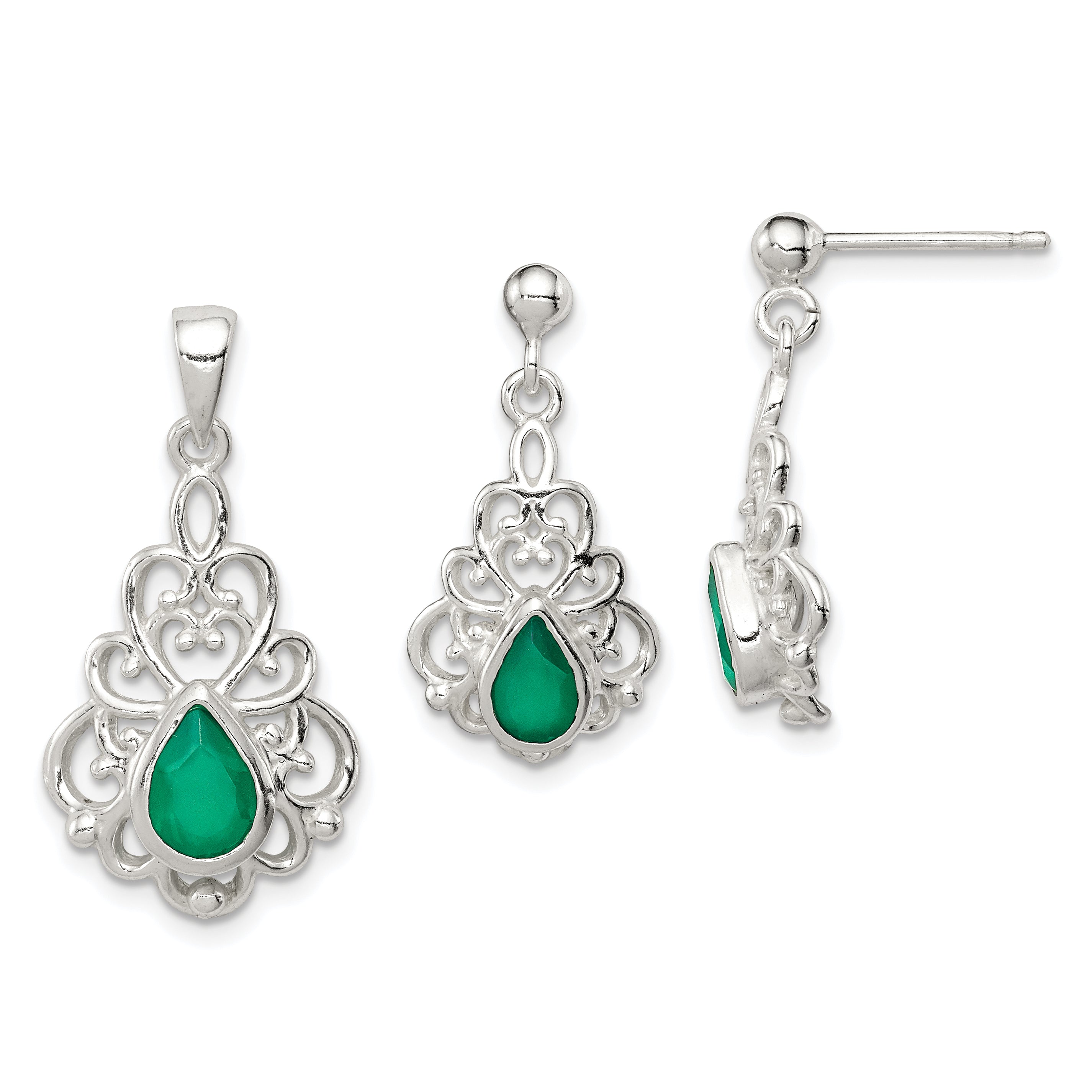 Sterling Silver Polished Green Agate Pendant and Post Earrings Set Main image