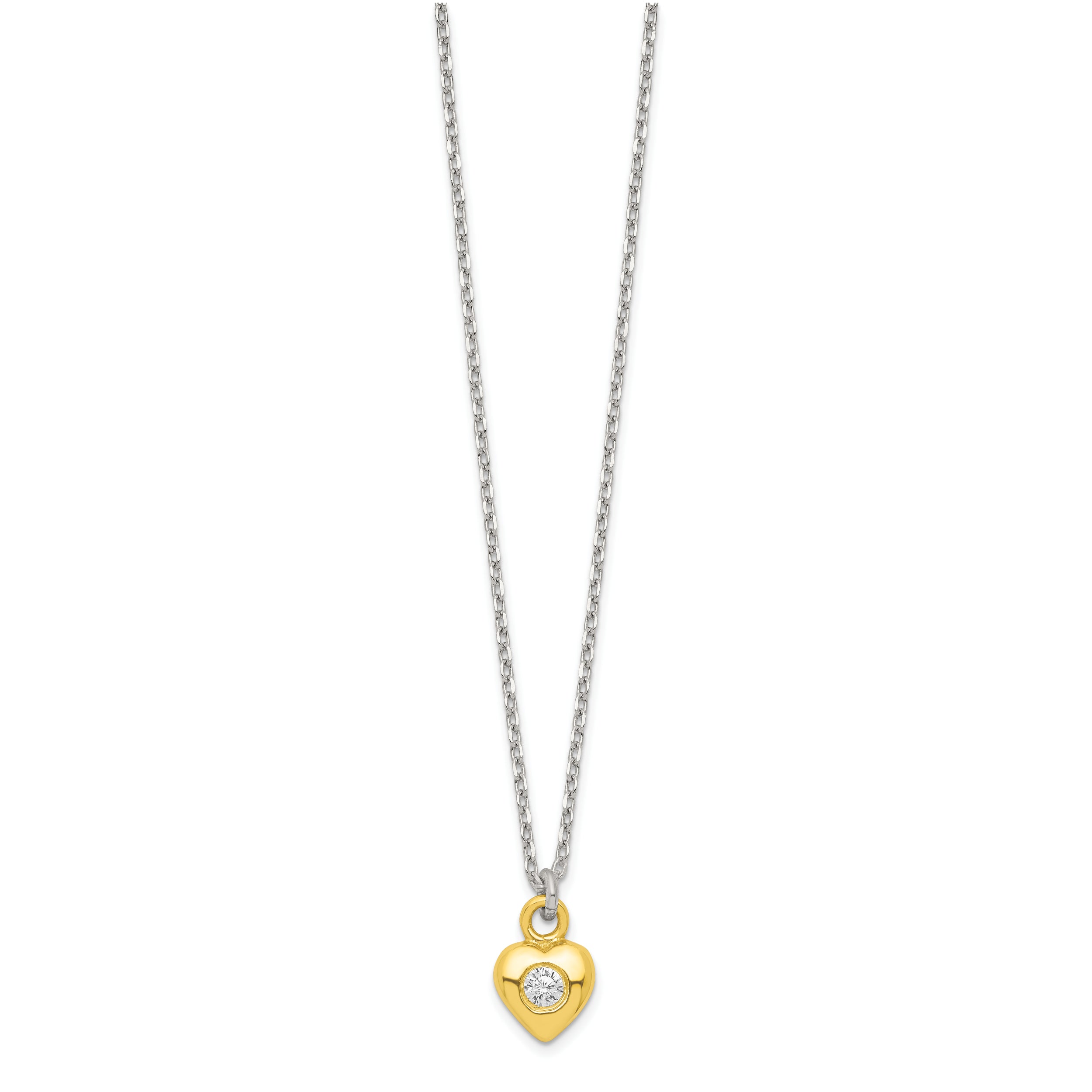 Sterling Silver & Gold-tone Polished CZ Heart Children's 14in Necklace and Post Earrings Set