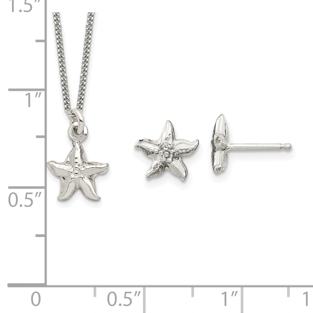 Sterling Silver Polished & Textured Starfish Children's 14in Necklace and Post Earrings Set