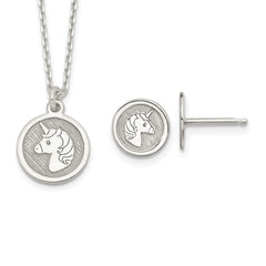 Sterling Silver Polished & Textured Unicorn Children's 14in Necklace and Post Earrings Set