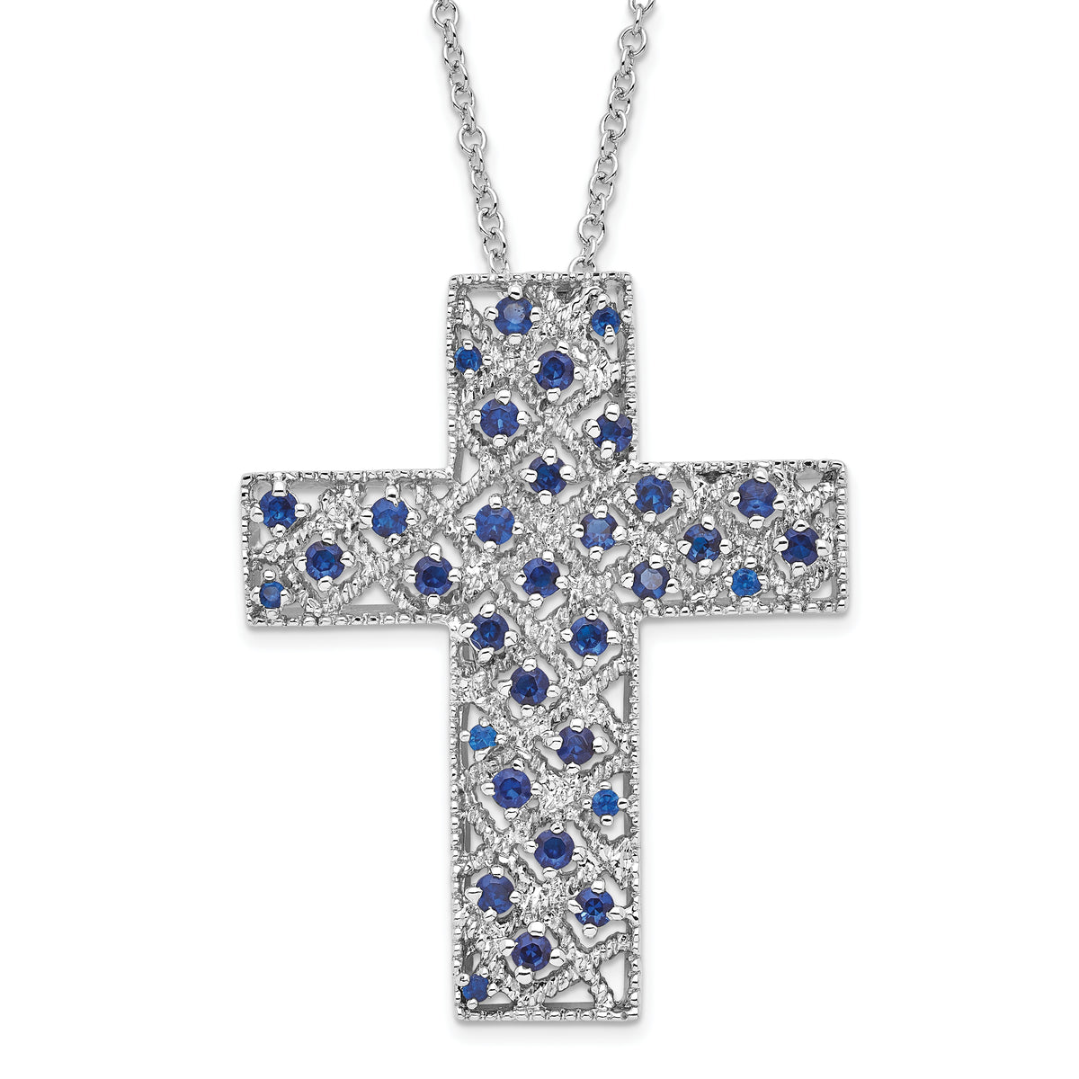 Sentimental Expressions Sterling Silver Polished September Blue CZ Birthstone Message of the Cross Necklace