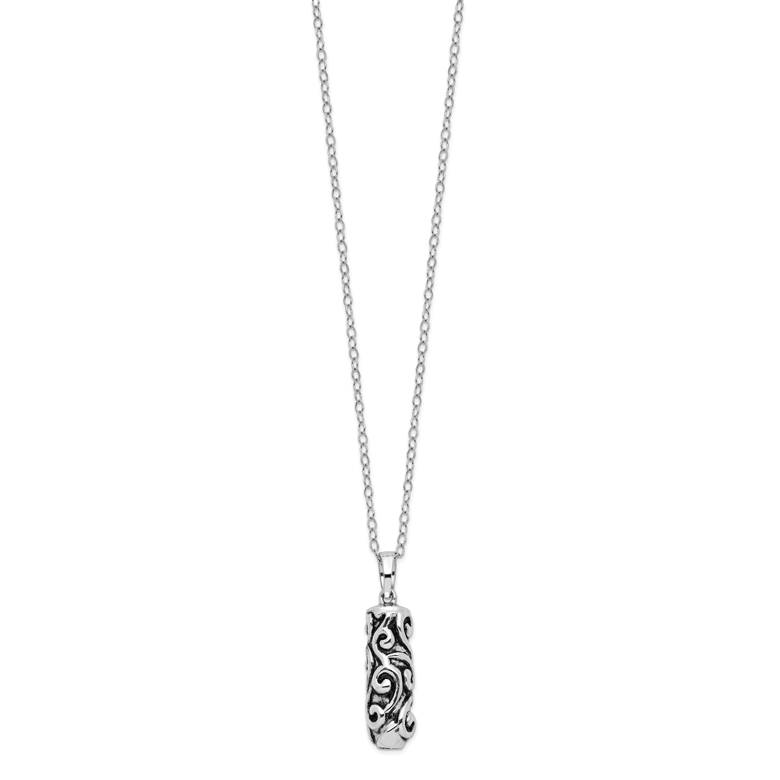 Sentimental Expressions Sterling Silver Rhodium-plated Antiqued Cylinder Remembrance Ash Holder 18in Necklace