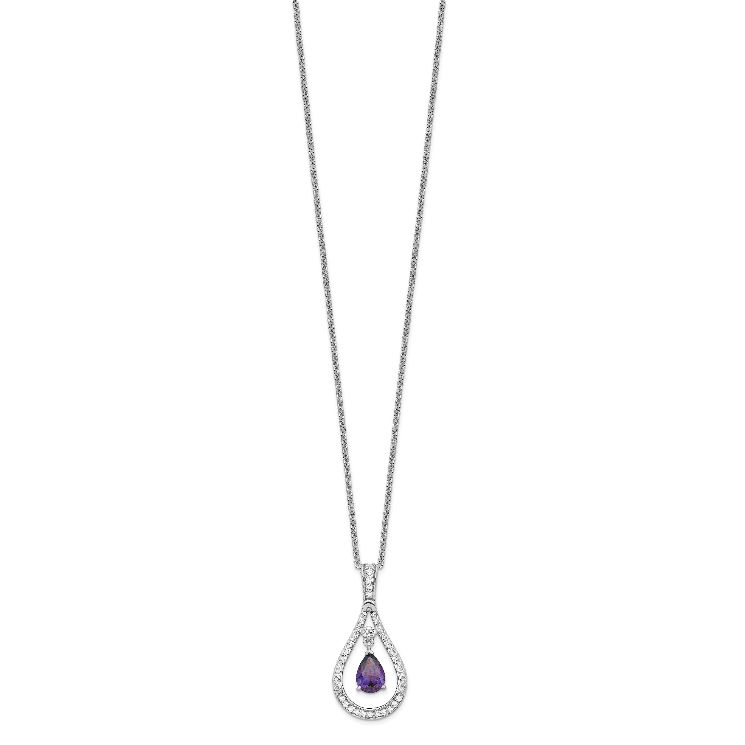 Sentimental Expressions Sterling Silver Rhodium-plated Feb. CZ Stone Never Forget Tear 18 Inch Birthstone Necklace
