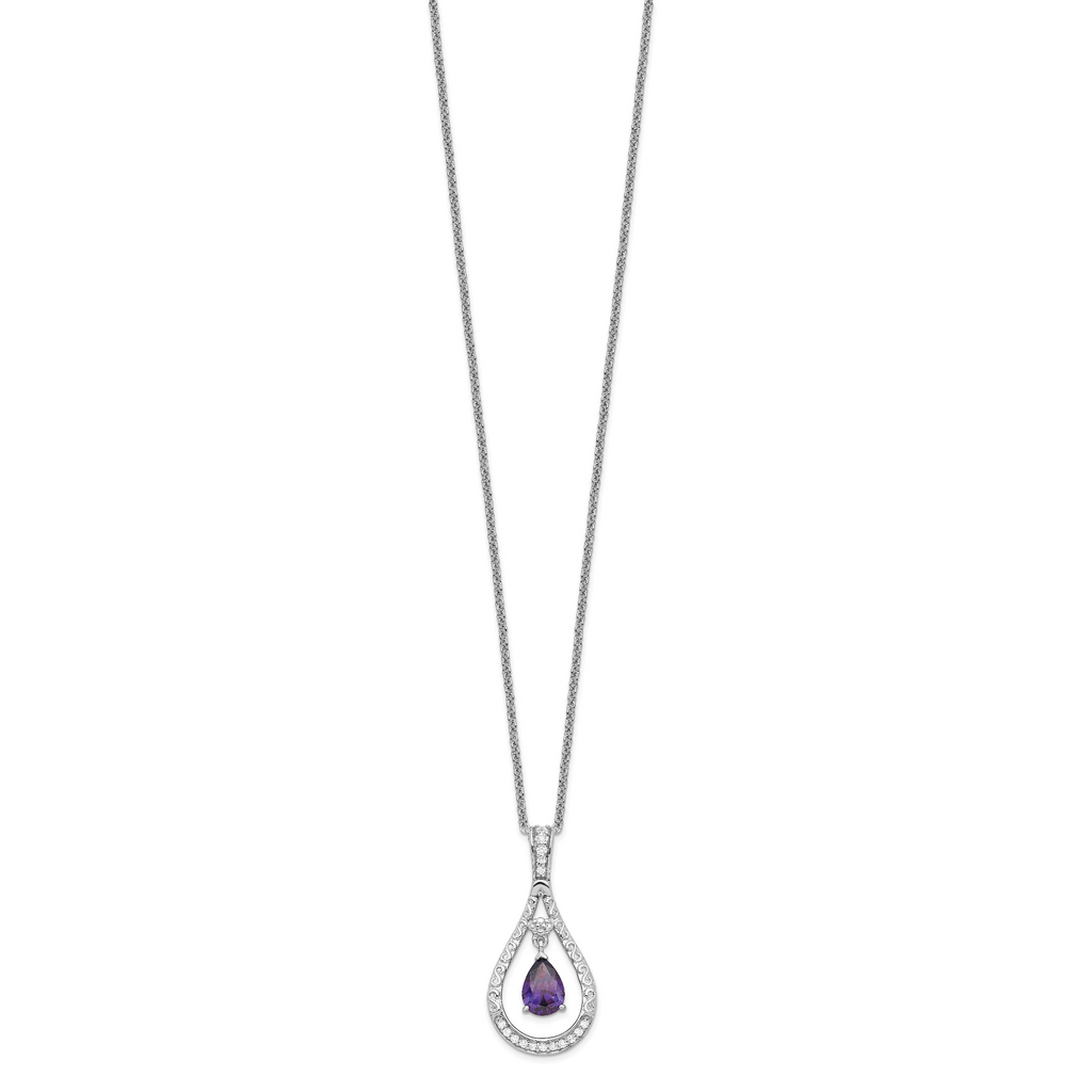 Sentimental Expressions Sterling Silver Rhodium-plated Feb. CZ Stone Never Forget Tear 18 Inch Birthstone Necklace