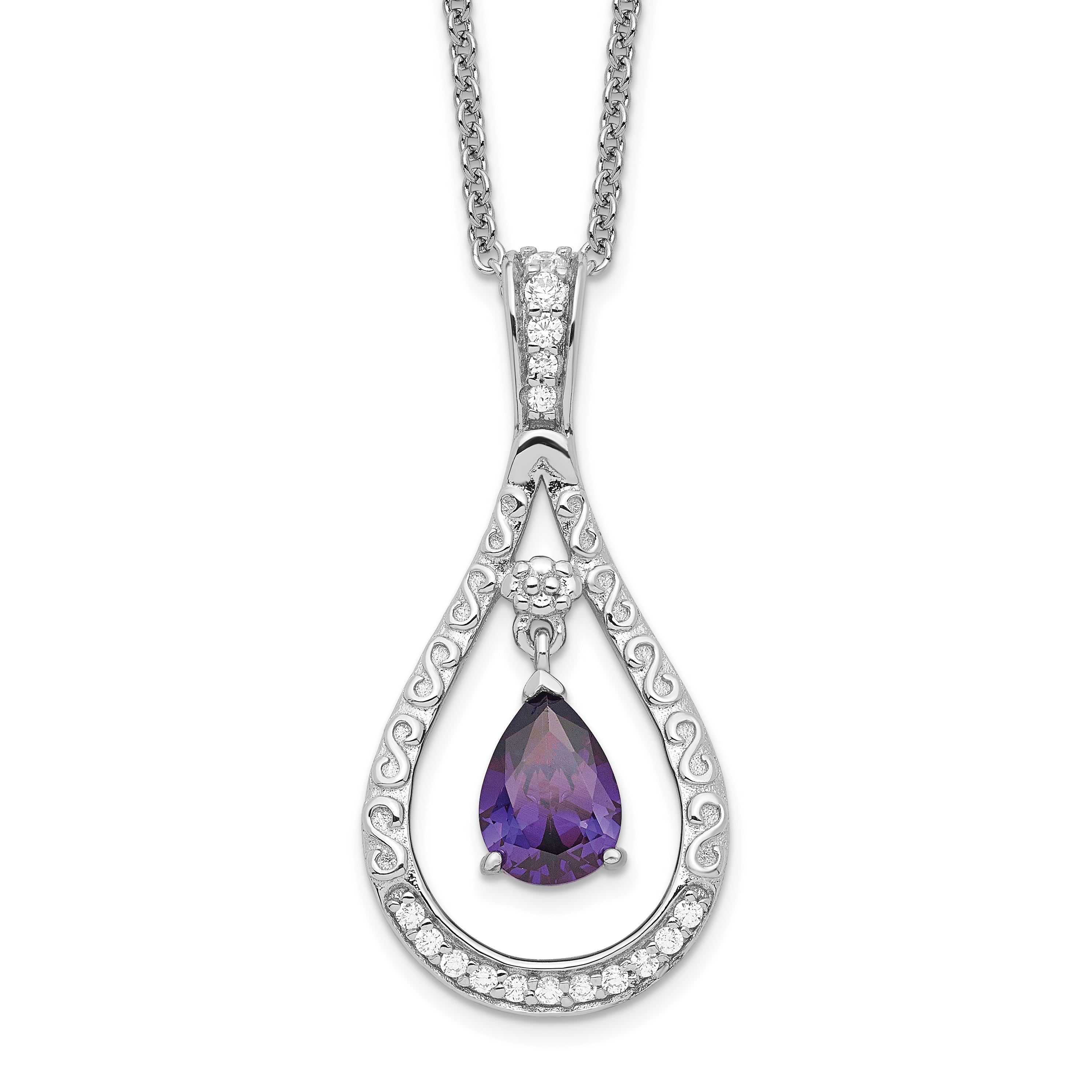 Sentimental Expressions Sterling Silver Rhodium-plated Feb. CZ Stone Never Forget Tear 18 Inch Birthstone Necklace Main image