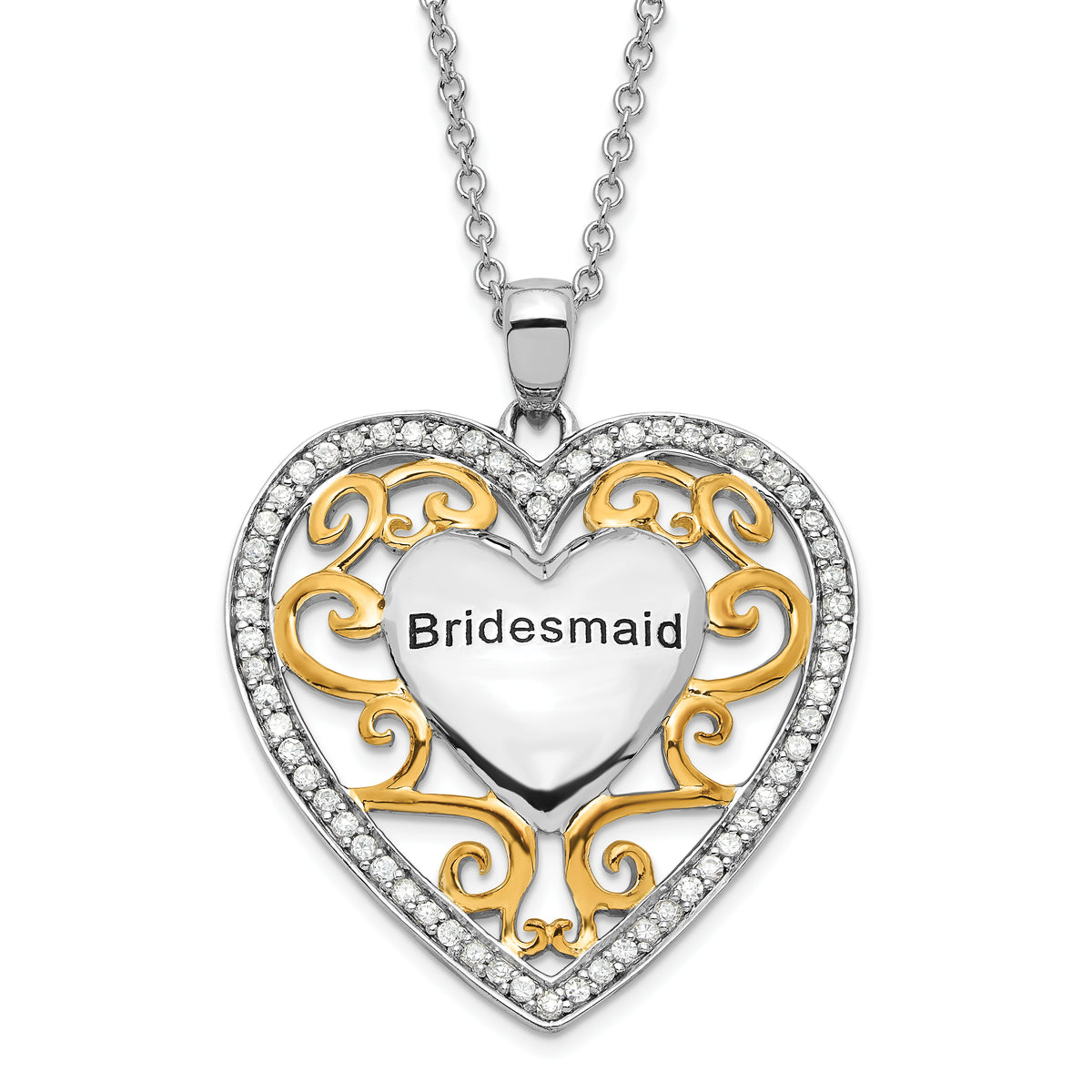Sentimental Expressions Sterling Silver & Gold-plated Polished & Antiqued CZ Bridesmaid Heart Necklace