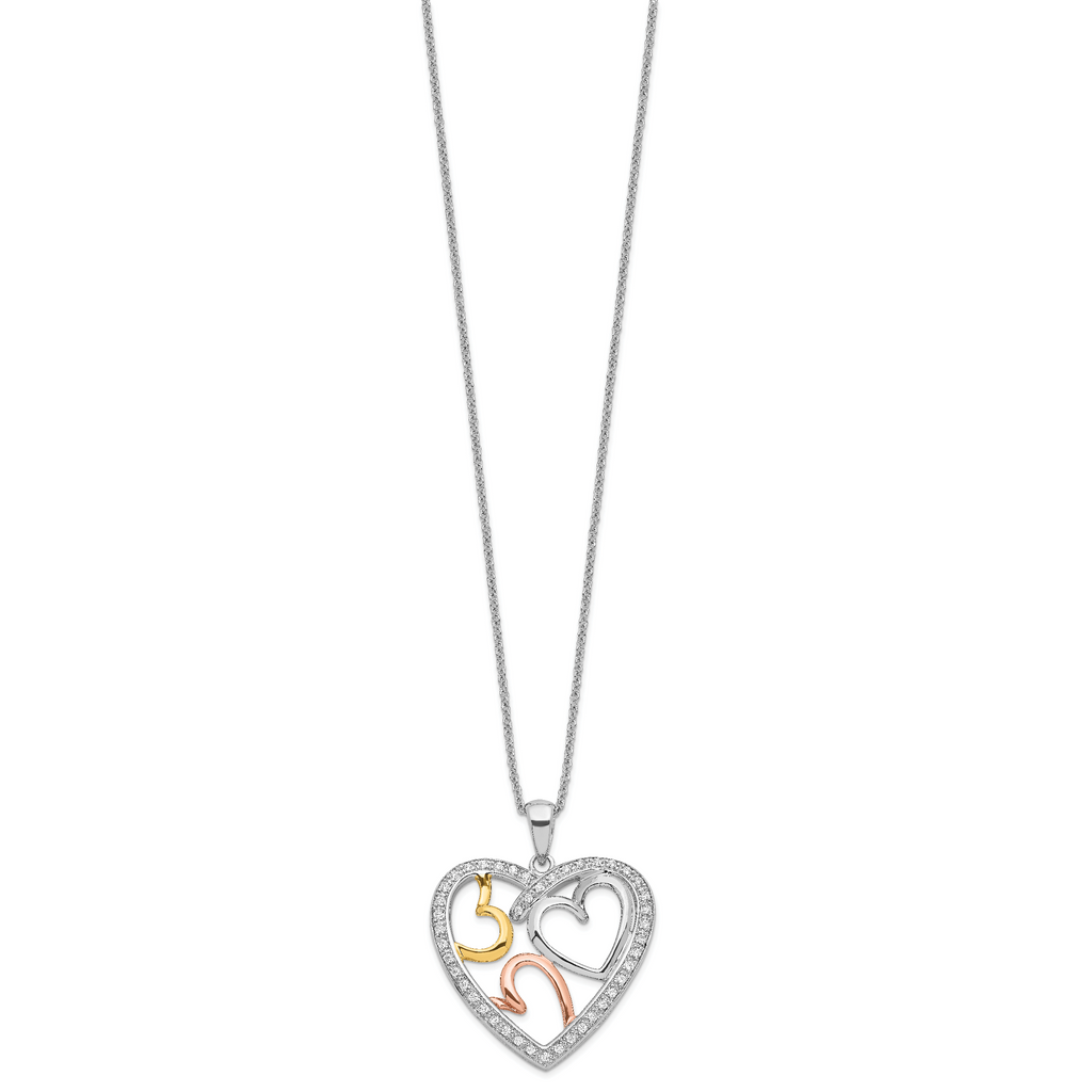 Sentimental Expressions Sterling Silver Rhodium Rose and Gold-plated CZ The Bond of Love Heart 18 inch Necklace with Poem Card