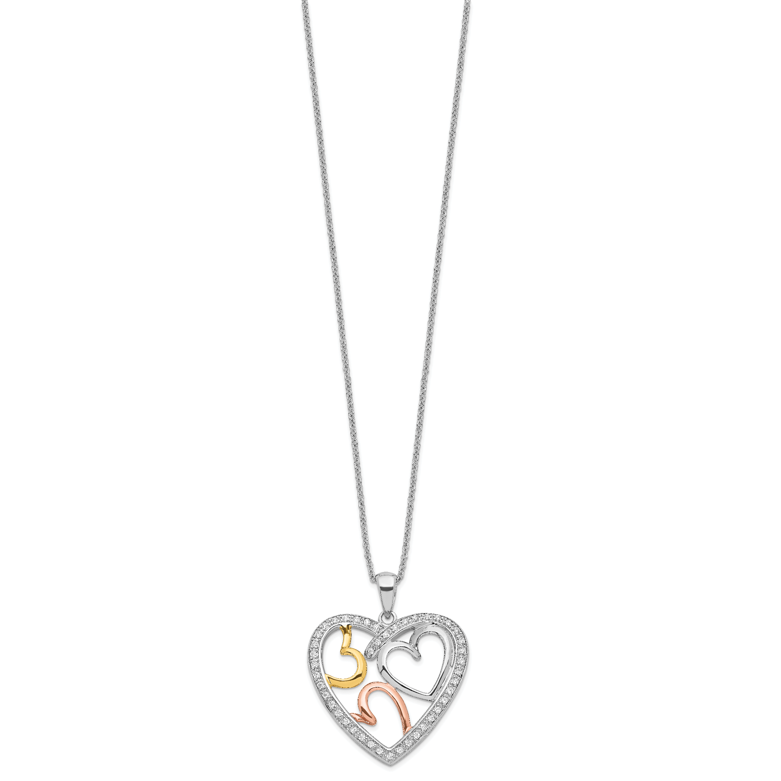 Sentimental Expressions Sterling Silver Rhodium Rose and Gold-plated CZ The Bond of Love Heart 18 inch Necklace with Poem Card