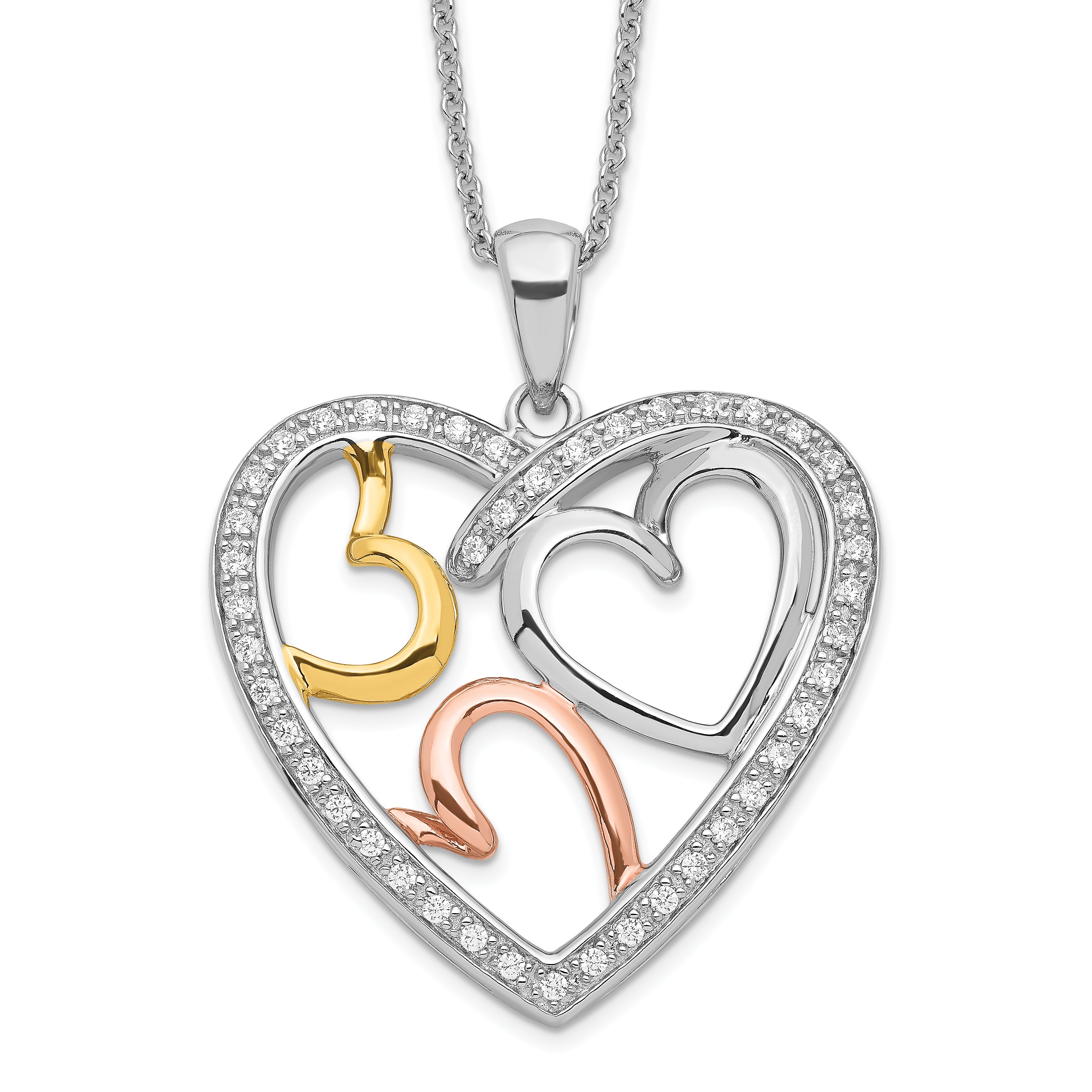 Sentimental Expressions Sterling Silver Rhodium Rose and Gold-plated CZ The Bond of Love Heart 18 inch Necklace with Poem Card Main image