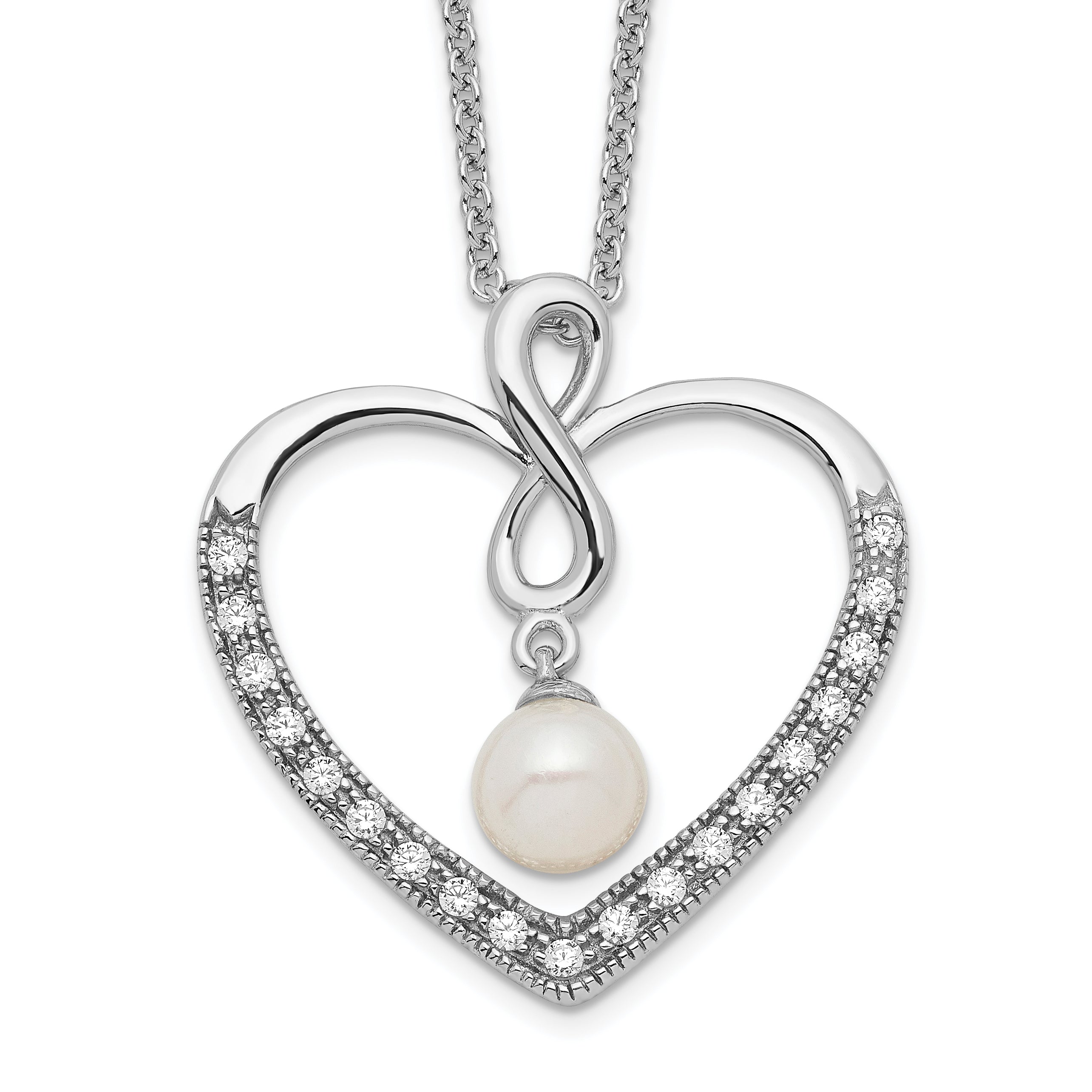 Sentimental Expressions Sterling Silver Rhodium-plated CZ and FW Cultured Pearl My Friend 18in Heart Necklace Main image