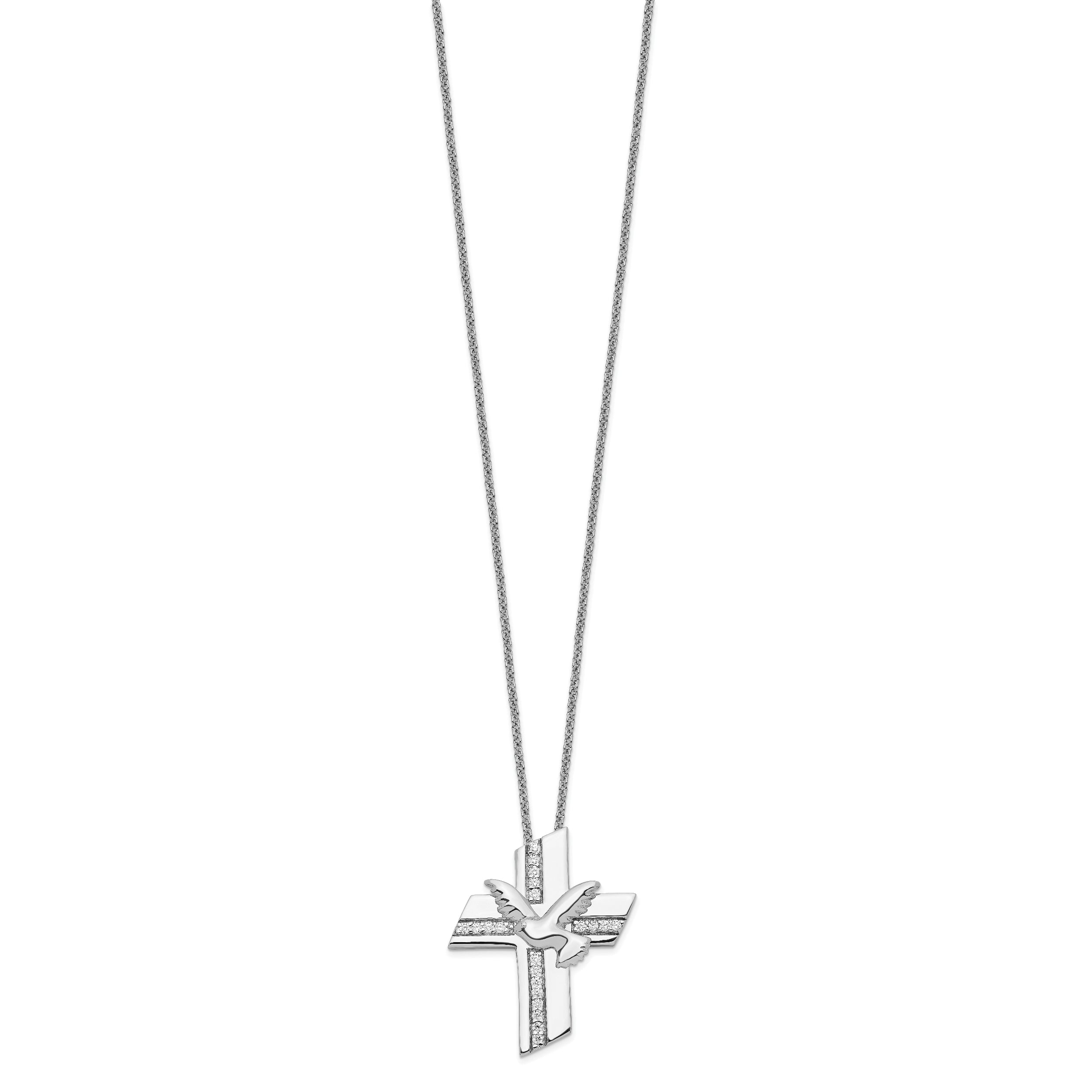 Sterling Silver CZ Confirmation Necklace with Polished Rhodium Finish