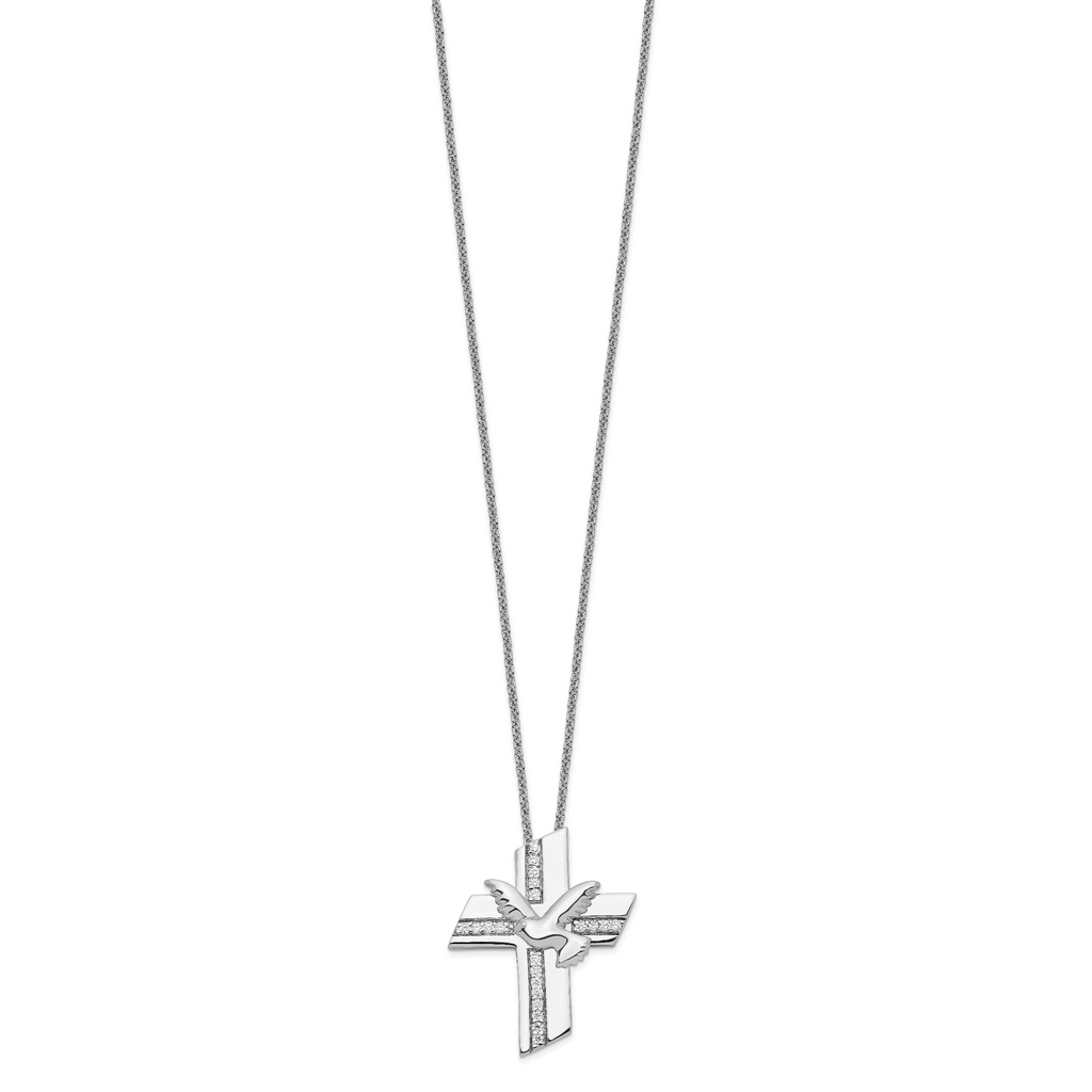 Sterling Silver CZ Confirmation Necklace with Polished Rhodium Finish