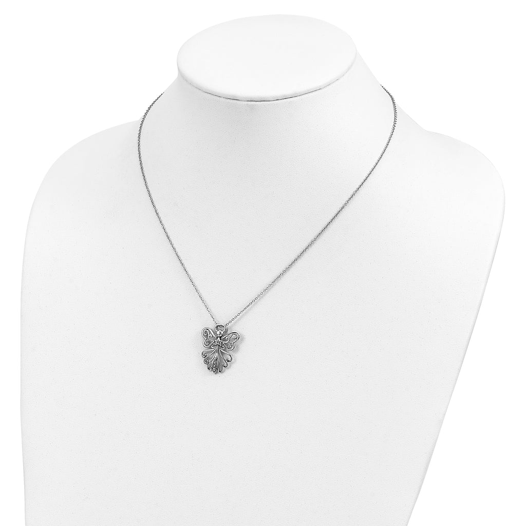 Sentimental Expressions Sterling Silver Rhodium-plated CZ Antiqued Angel, Heavenly Angel 18 Inch Necklace