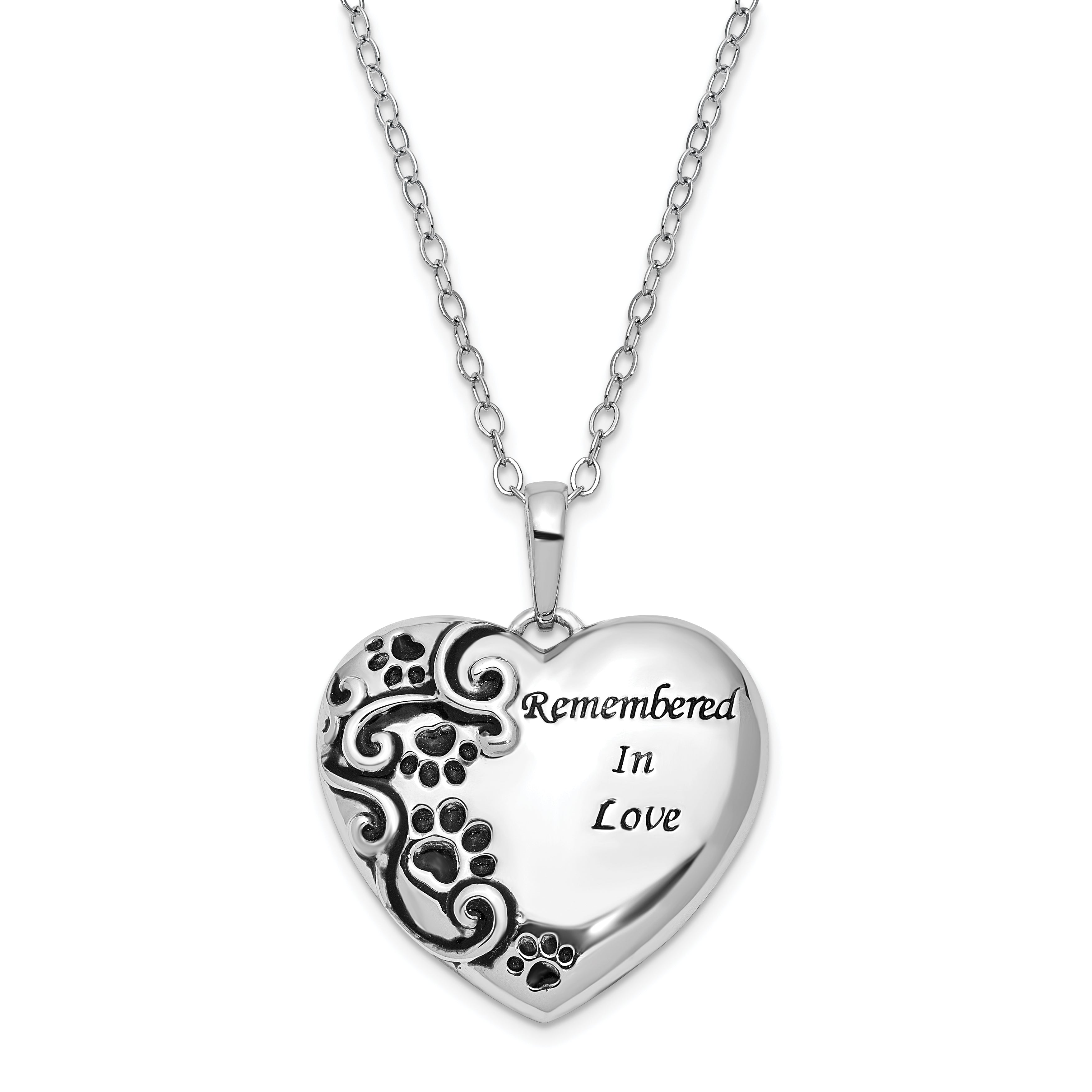 Sentimental Expressions Sterling Silver Rhodium-plated Antiqued Paw Print Remembered in Love Heart 18 Inch Necklace Main image