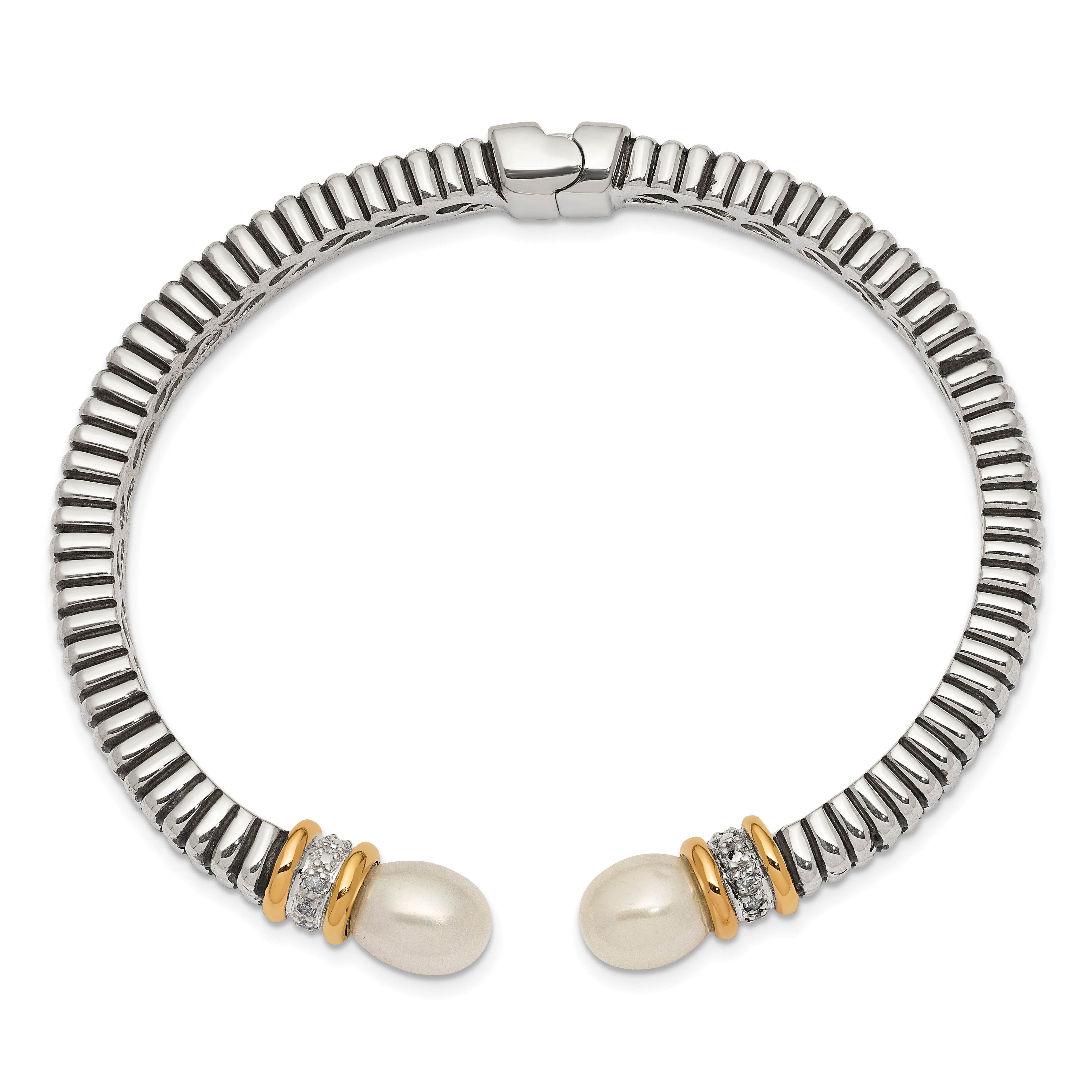 Sophia Jewelers Sterling Silver 14K Gold Pearl Diamond Hinged Cuff Bracelet Secondary image