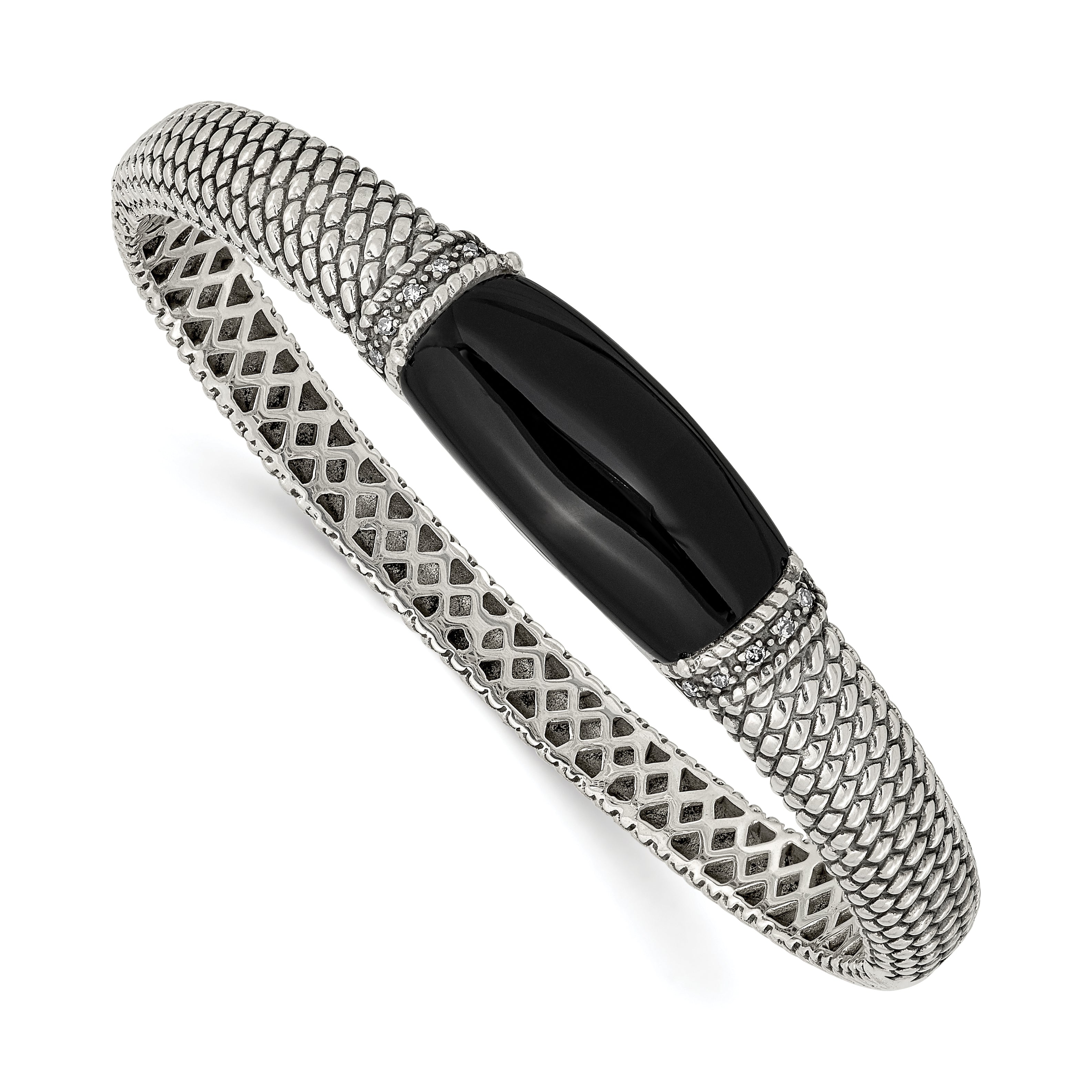 Shey Couture Sterling Silver Antiqued Black Onyx and Diamond Hinged Bangle Bracelet Main image