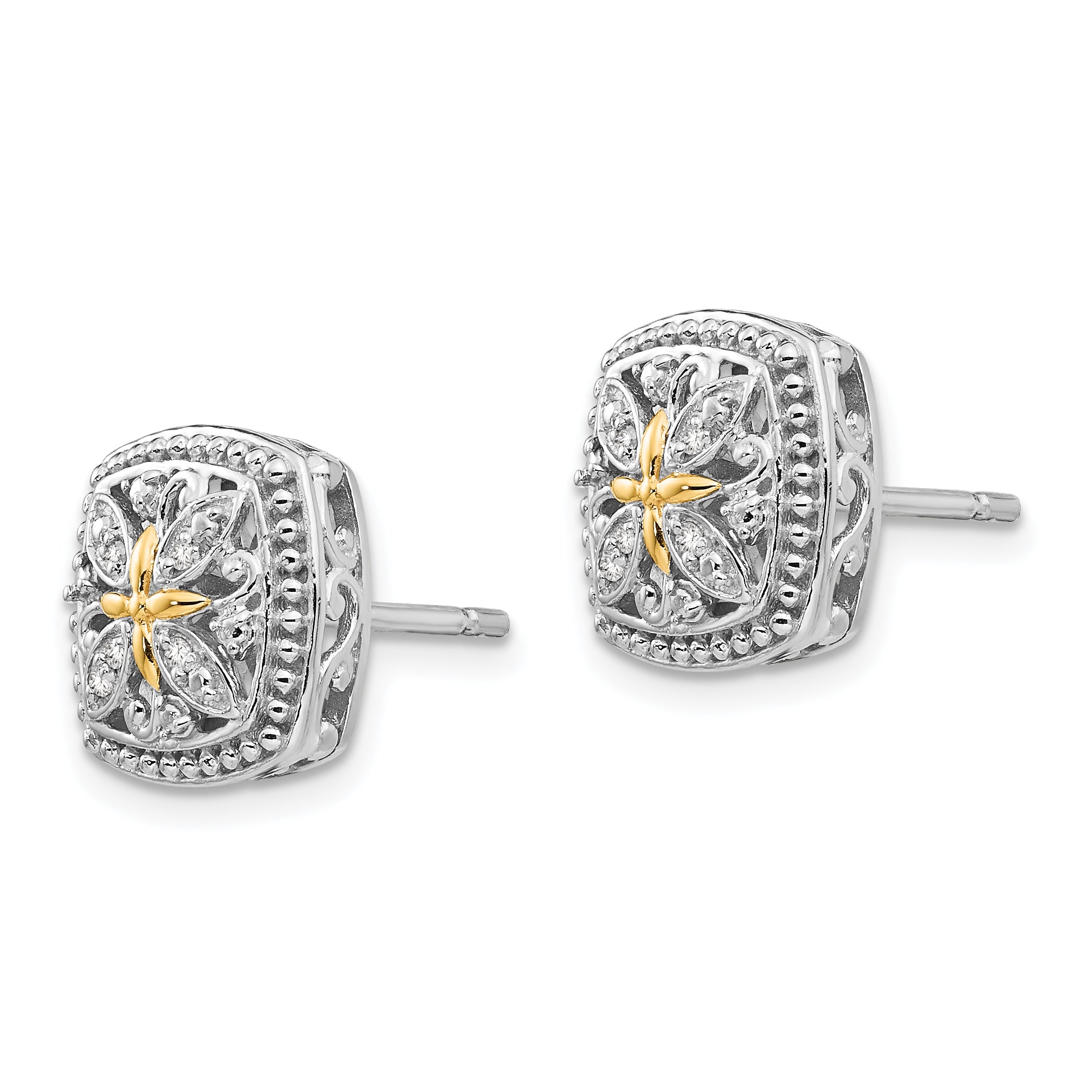 Sophia Jewelers Sterling Silver 14K Gold Vintage Diamond Button Earrings Secondary image
