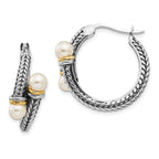 Shey Couture Sterling Silver with 14K Accent Antiqued 4mm Freshwater Cultured Pearl Hoop Earrings