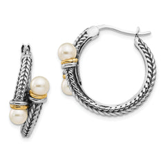 Shey Couture Sterling Silver with 14K Accent Antiqued 4mm Freshwater Cultured Pearl Hoop Earrings